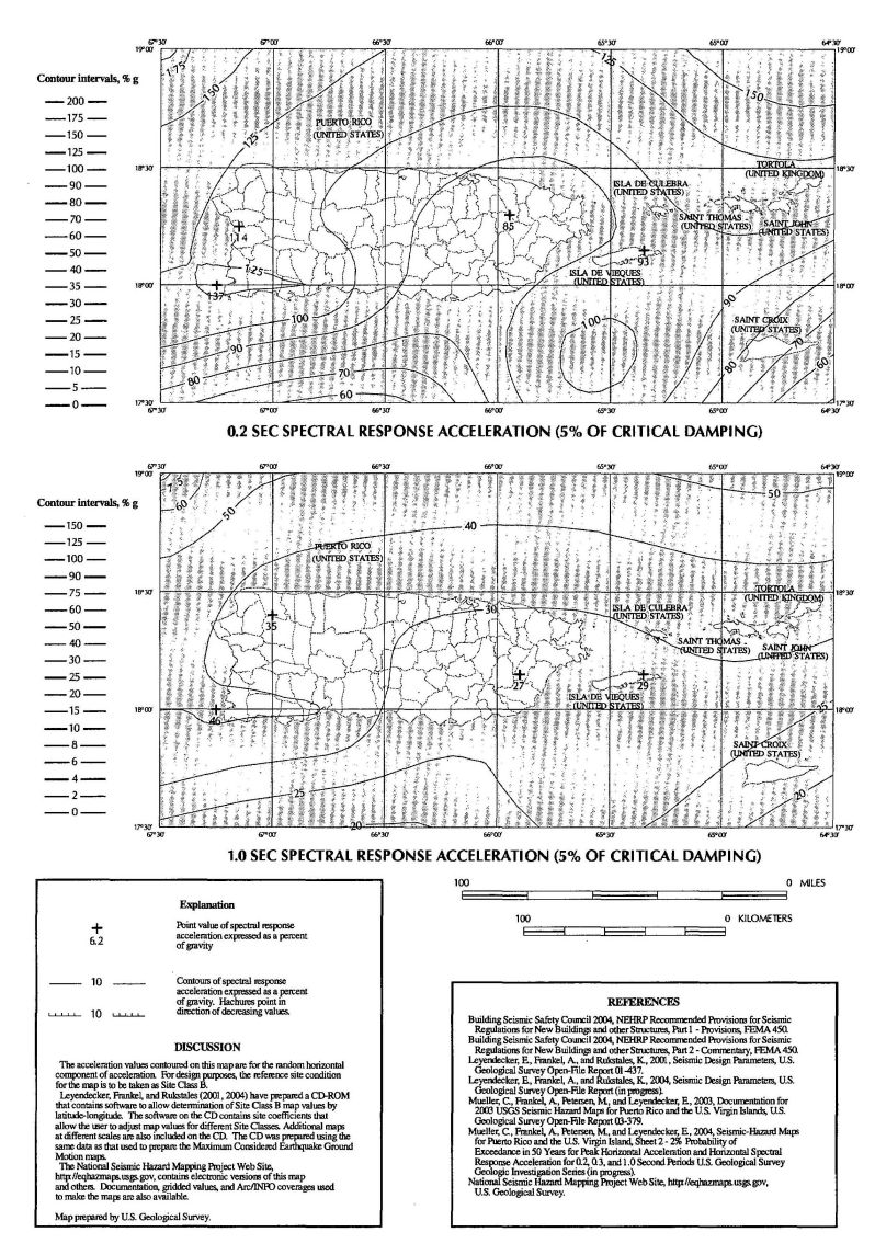 FIGURE 1613.5(13) MAXIMUM CONSIDERED EARTHQUAKE GROUND MOTION FOR PUERTO RICO, CULEBRA, VIEQUES, ST. THOMAS, ST. JOHN AND ST. CROIX OF 0.2 AND 1.0 SEC SPECTRAL RESPONSE ACCELERATION (5% OF CRITICAL DAMPING), SITE CLASS B