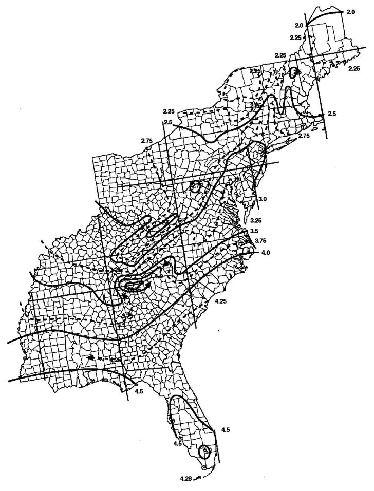 [P] FIGURE 1611A.1 100-YEAR, 1-HOUR RAINFALL (INCHES) EASTERN UNITED STATES